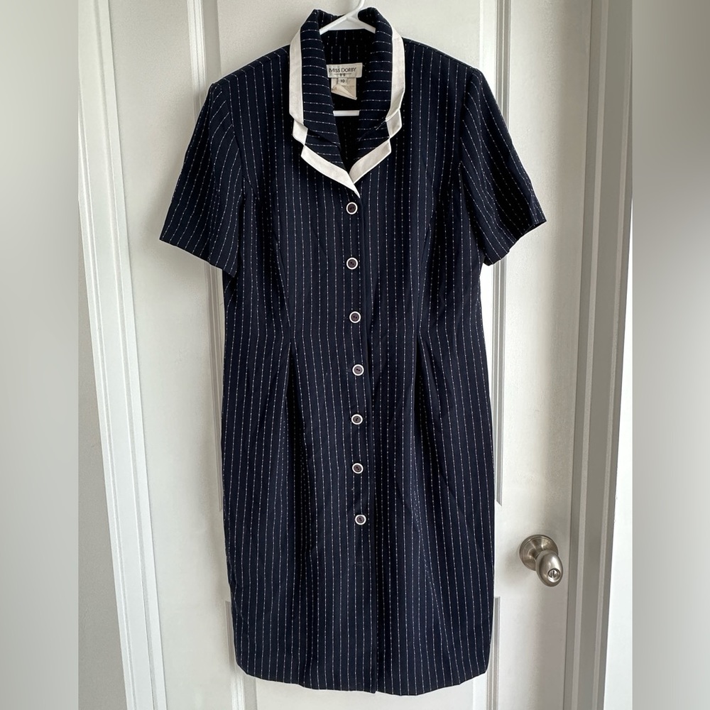 Vintage Miss Dorby Navy Pinstripe Button Collared Midi Dress Size 10